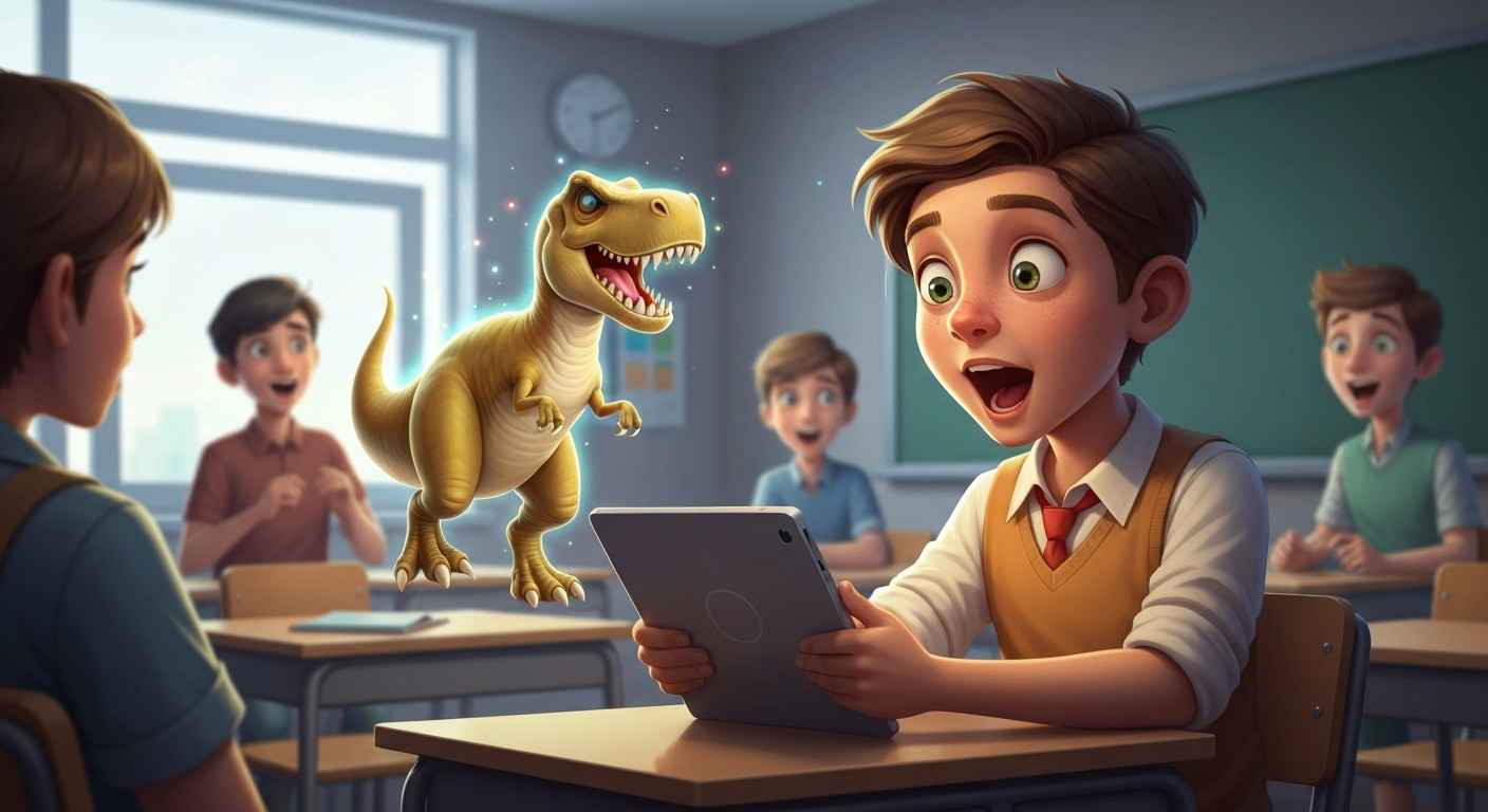 An image of a student using augmented reality on a tablet to reshape their education by interacting with a 3D model in the classroom.