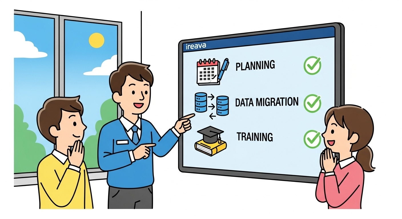 An illustration of the Ireava team guiding a school through a successful School ERP implementation with a clear plan and support.