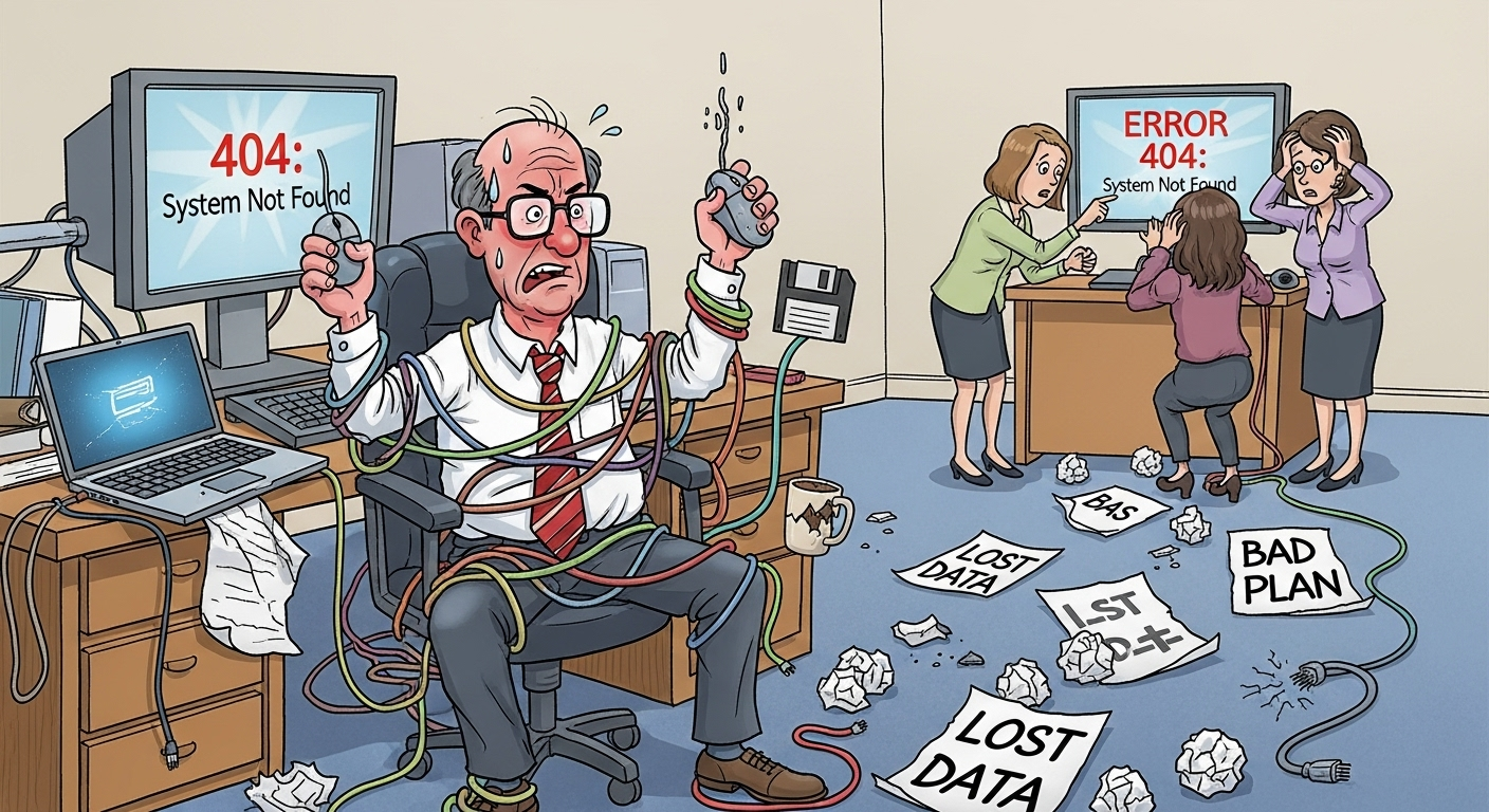 A cartoon depicting the common mistakes made during a School ERP implementation, such as poor planning and data loss.