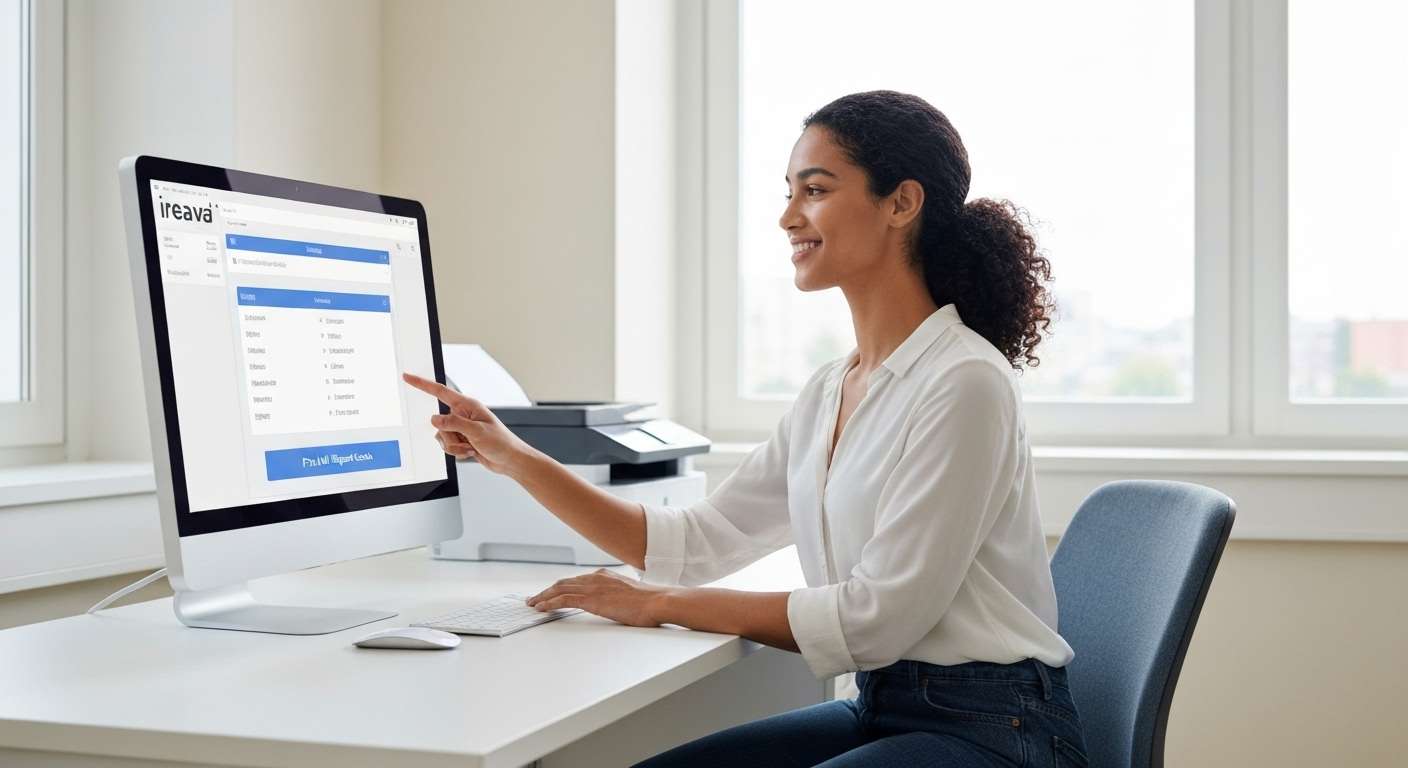 Illustration of Ireava's report card printing software, showing a teacher easily printing hundreds of perfect report cards with one click.