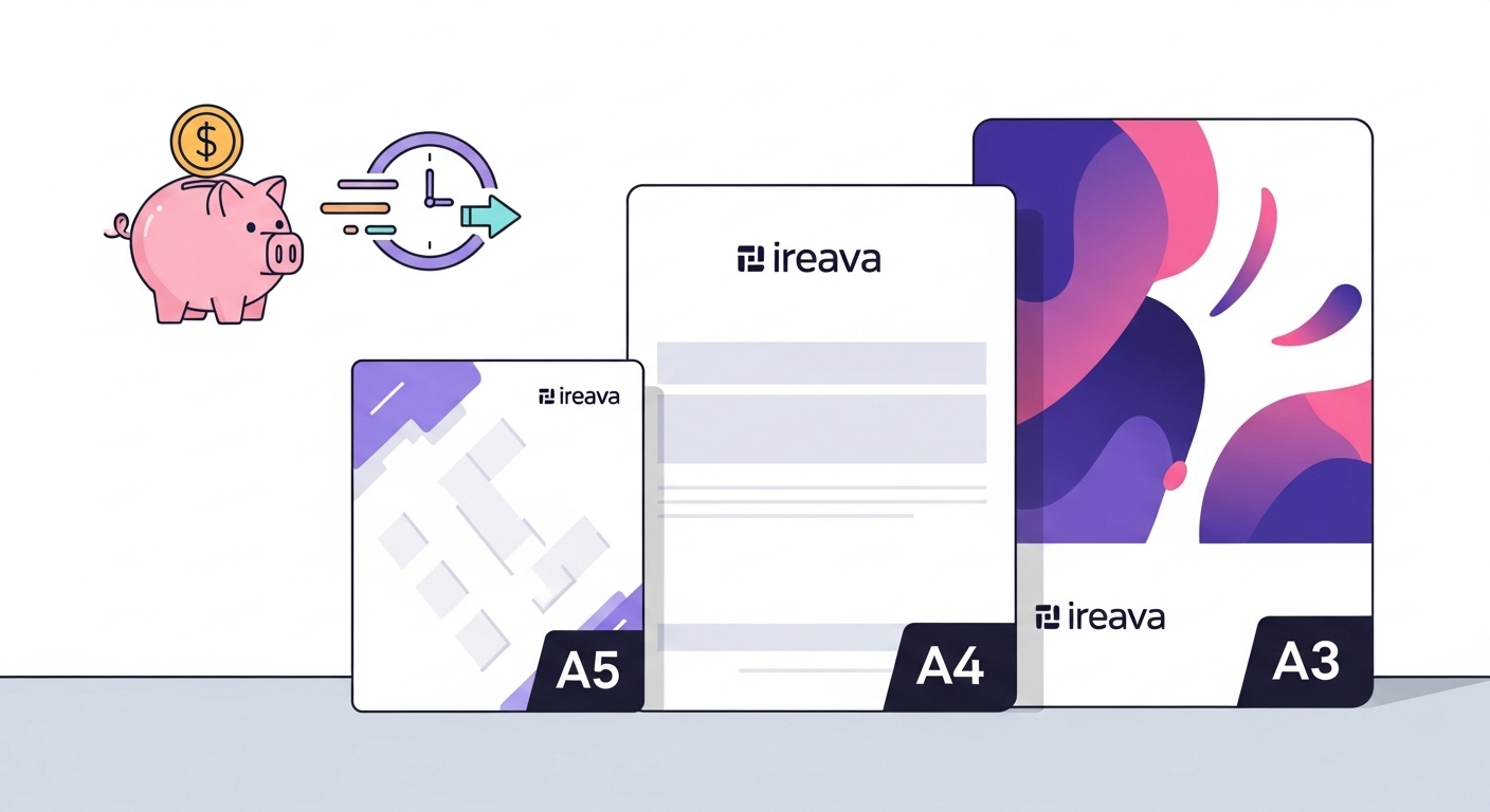 Illustration of A5, A4, and A3 custom school report cards, highlighting the cost and time savings provided by Ireava's software.