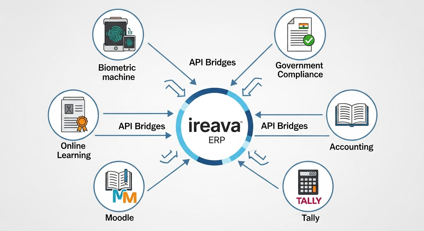 A diagram illustrating how Ireava ERP uses custom APIs to integrate with third-party applications for seamless process automation.