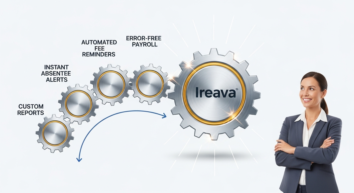 A diagram illustrating how Ireava's ERP automates school processes like payroll and communication, leading to efficiency.