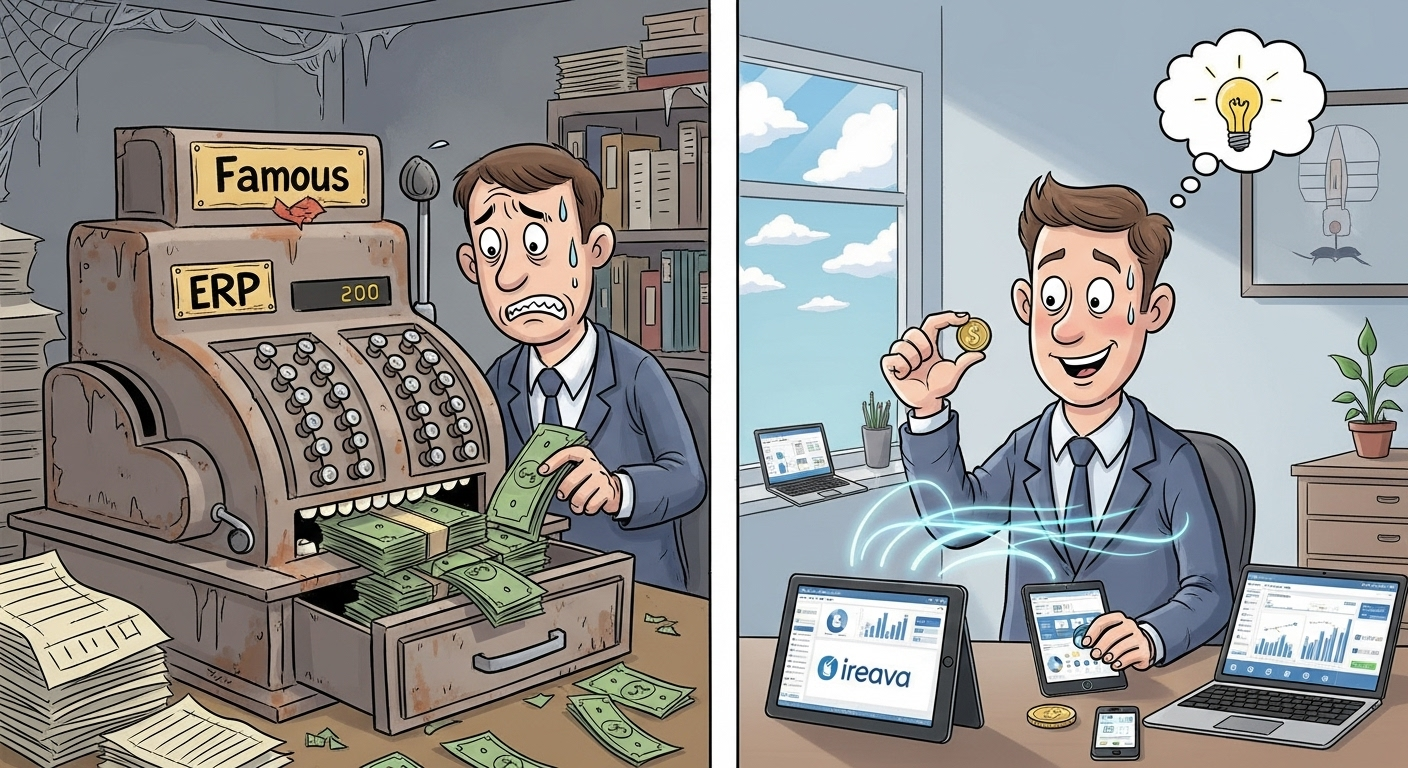 A cartoon comparing a costly, outdated ERP to the affordable and modern Ireava School ERP, highlighting the cost savings.