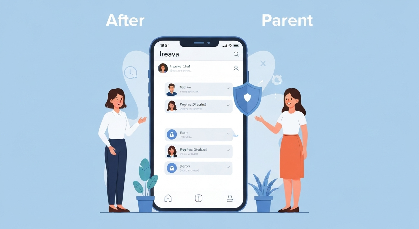 Illustration of the Ireava school communication app, showing a teacher in control of a secure, professional chat with a parent.