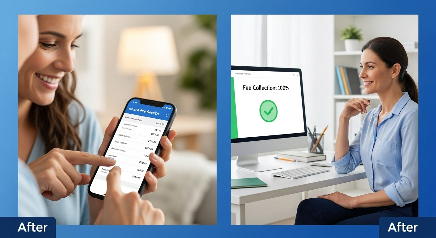 Illustration of a modern school fee management system by Ireava, showing easy online payments and successful collection for the school.
