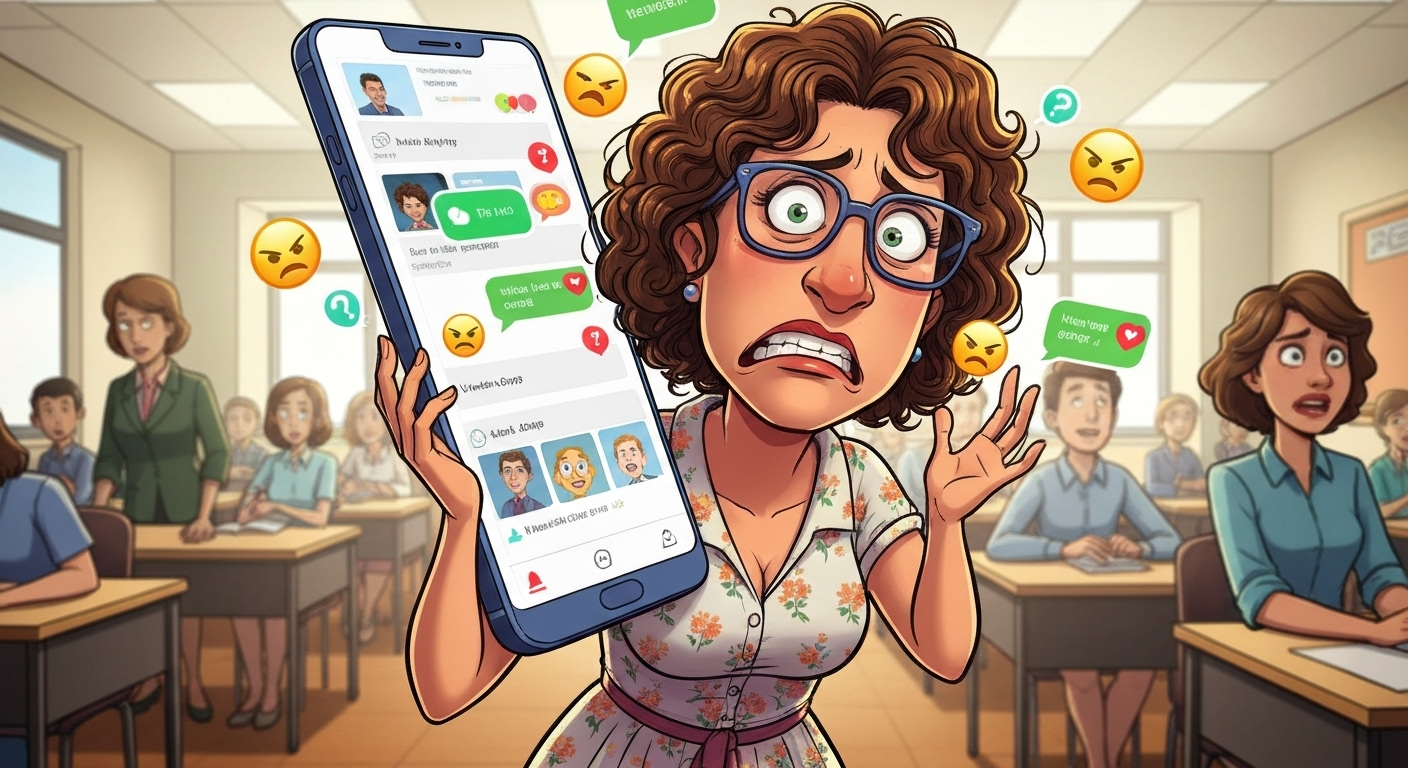 A cartoon showing a teacher stressed by uncontrolled WhatsApp groups, a problem solved by a secure school communication app.