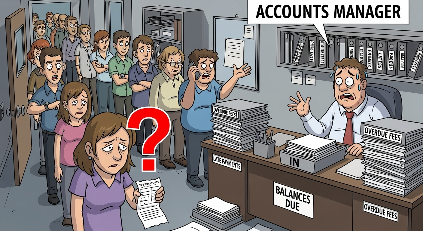 A cartoon showing the problems of a manual school fee management system, with confused parents and high administrative stress.