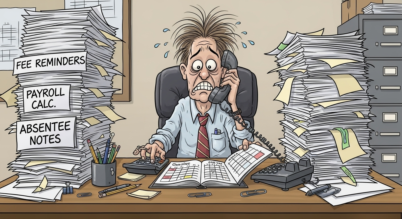 A cartoon showing a school administrator overwhelmed by manual tasks like payroll and communication before using automation software.