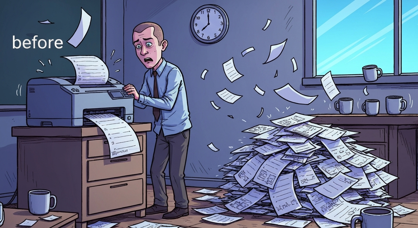 A cartoon showing the frustration and waste caused by manual processes in report card printing software.