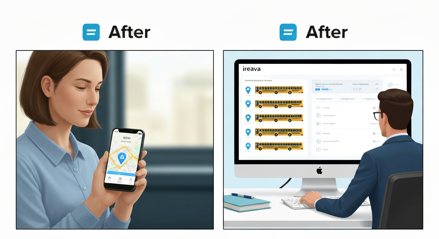 A diagram showing how Ireava's GPS tracking provides real-time bus locations to both parents and school administrators for safety and peace of mind.
