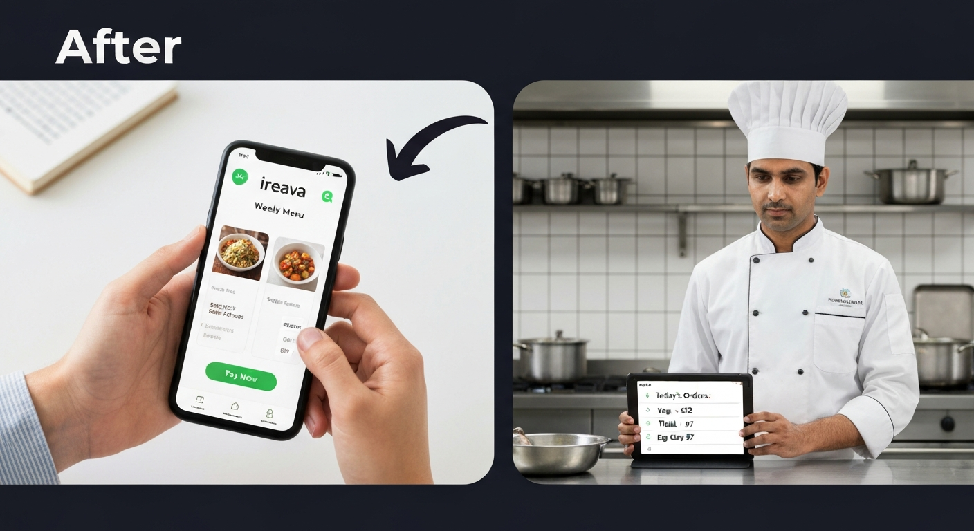 A diagram showing a parent ordering a meal on the Ireava app, which instantly updates the kitchen's order list, demonstrating efficiency.