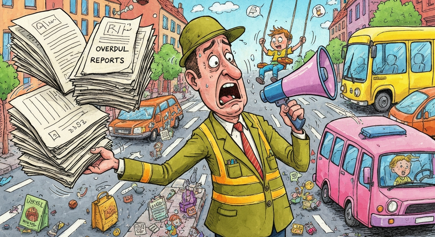 A cartoon of a transport manager struggling with manual school bus tracking, highlighting the need for a GPS system.